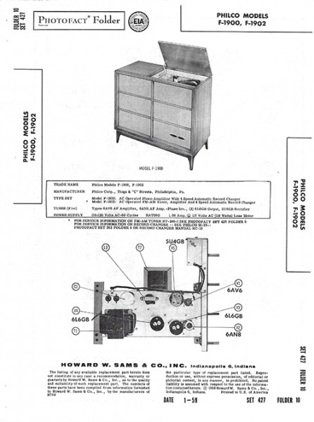 Philco F-1900, F-1902 - Photofact - Schematic Set 427/Folder 10
