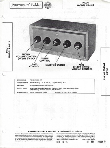 Pilot PA-912 - Photofact - Schematic Set 223/Folder 10