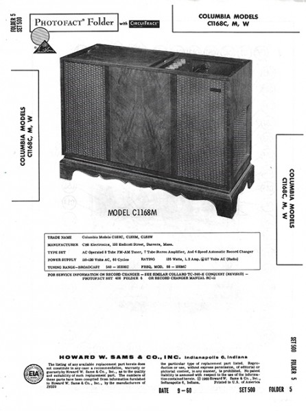 Columbia C1168C, M, W - Photofact - Schematic Set 500/Folder 5