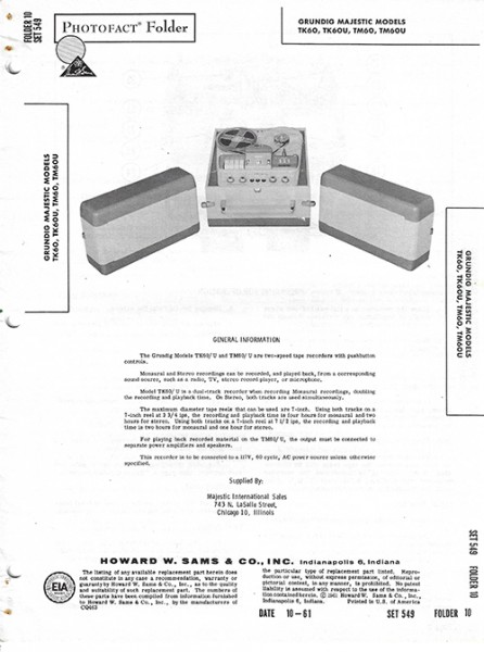 Grundig Majestic TK60, TK60U, TM60, TM60U - Photofact - Schematic Set 549/Folder 10