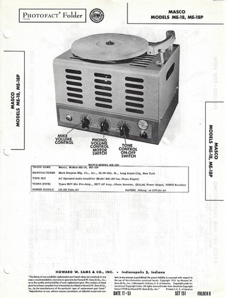 Masco ME-18, ME-18P - Photofact - Schematic Set 151/Folder 8