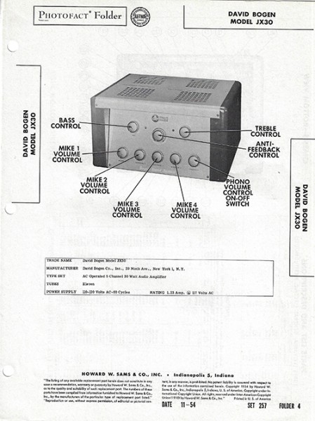 Bogen JX30 - Photofact - Schematic Set 257/Folder 4