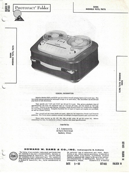 Saba TC75, TK75 - Photofact - Schematic Set 483/Folder 14