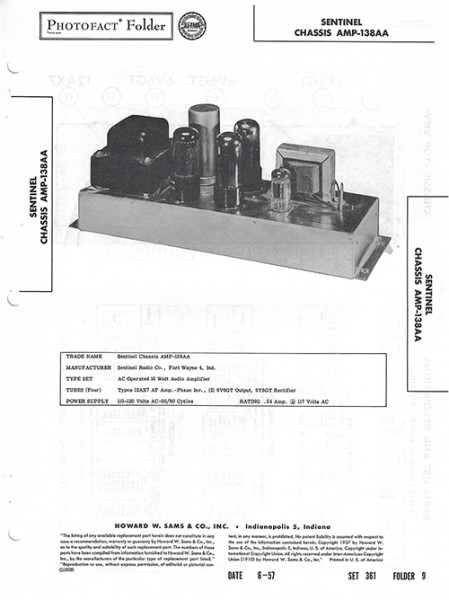 Sentinel Chassis AMP-138AA - Photofact - Schematic Set 361/Folder 9