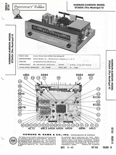 Harman-Kardon ST360A (The Madrigal II) - Photofact - Schematic Set 543/Folder 10