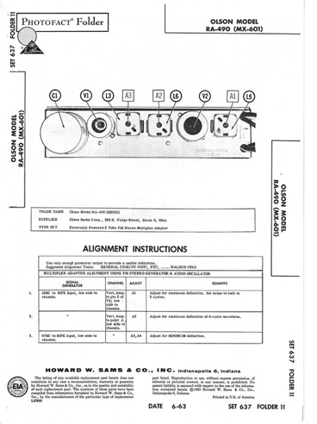 Olson RA-490 (MX-601) - Photofact - Schematic Set 637/Folder 11