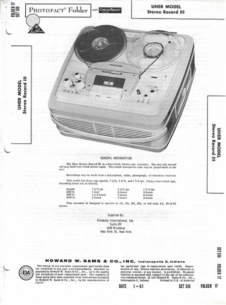 Uher Record III - Photofact - Schematic Set 516/Folder 17