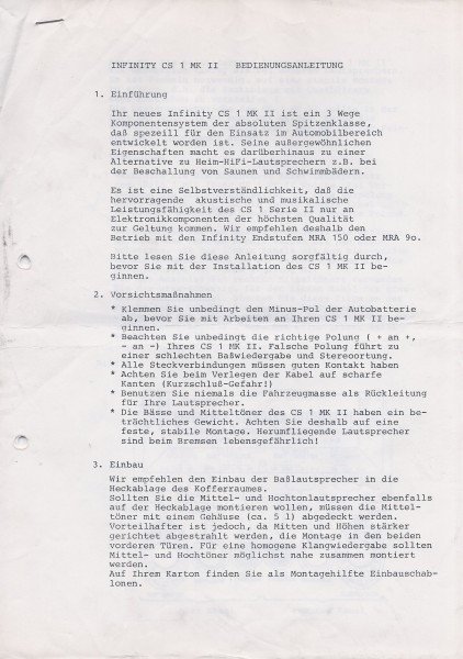 Infinity CS1 MK II Bedienungsanleitung