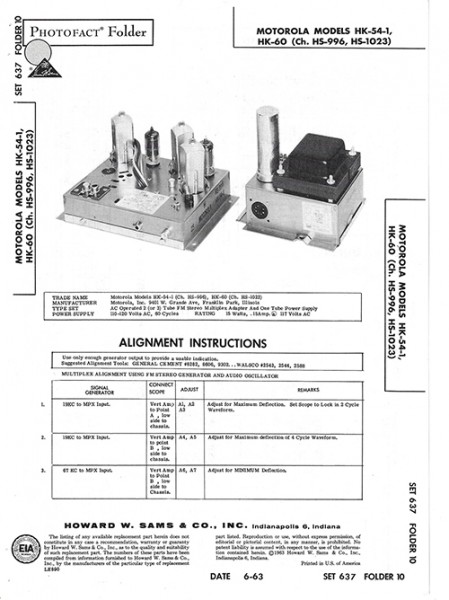 Motorola HK-54-1, HK-60 - Photofact - Schematic Set 637/Folder 10