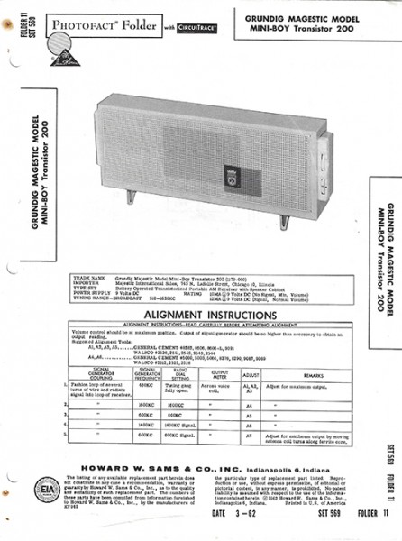 Grundig Majestic MINI-BOY Transistor 200 - Photofact - Schematic Set 569/Folder 11