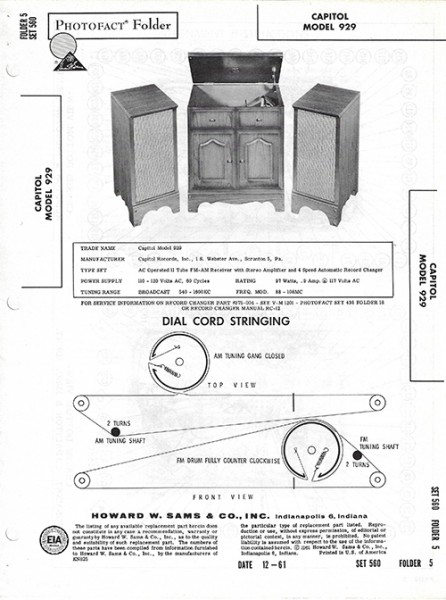 Capitol 929 - Photofact - Schematic Set 560/Folder 5