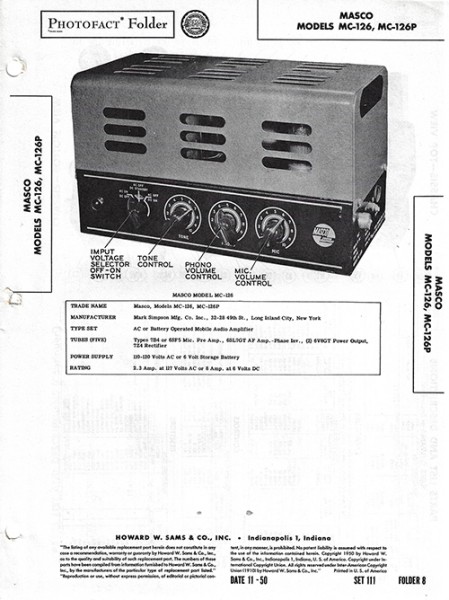 Masco MC-126, MC-126P - Photofact - Schematic Set 111/Folder 8