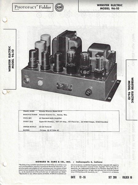 Webster Electric 96-10 - Photofact - Schematic Set 299/Folder 10