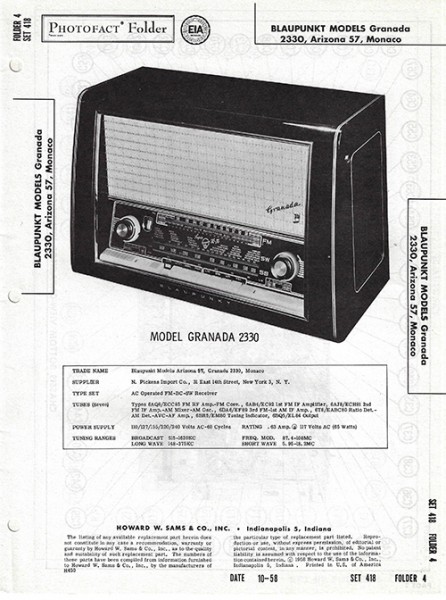Blaupunkt Granada 2330, Arizona 57, Monaco - Photofact - Schematic Set 418/Folder 4
