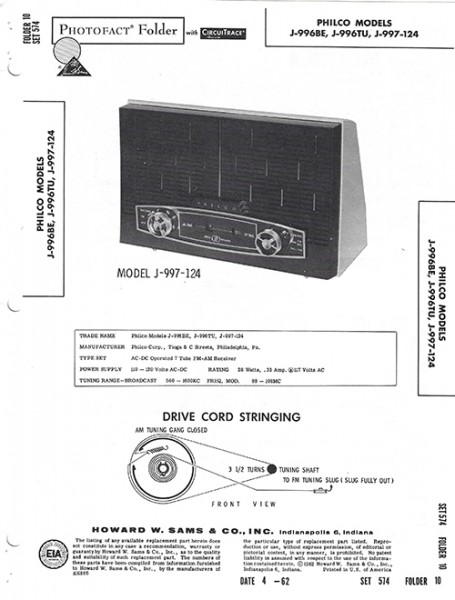 Philco J-996BE, J-996TU, J-997-124 - Photofact - Schematic Set 574/Folder 10