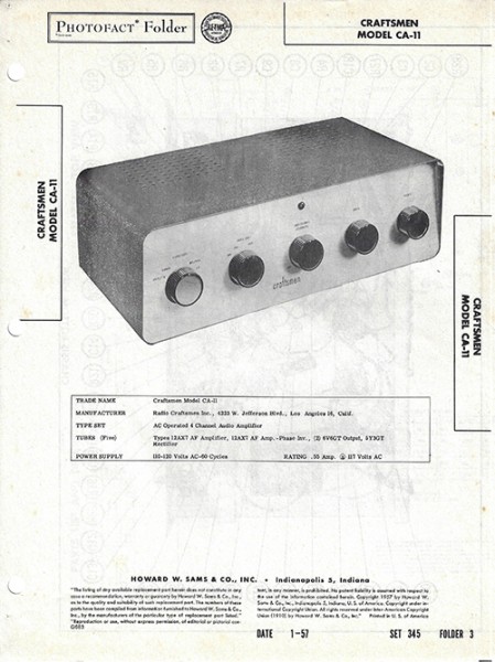 Craftsmen CA-11 - Photofact - Schematic Set 345/Folder 3