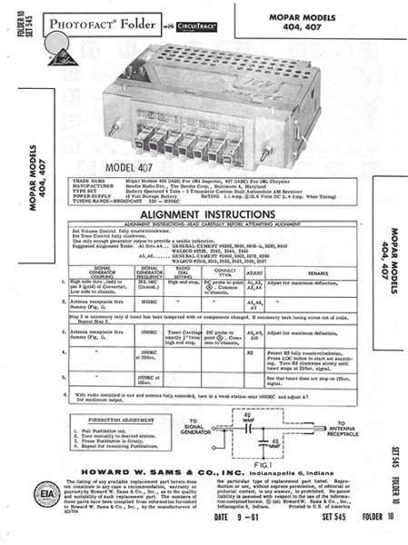 Mopar 404, 407 - Photofact - Schematic Set 545/Folder 10
