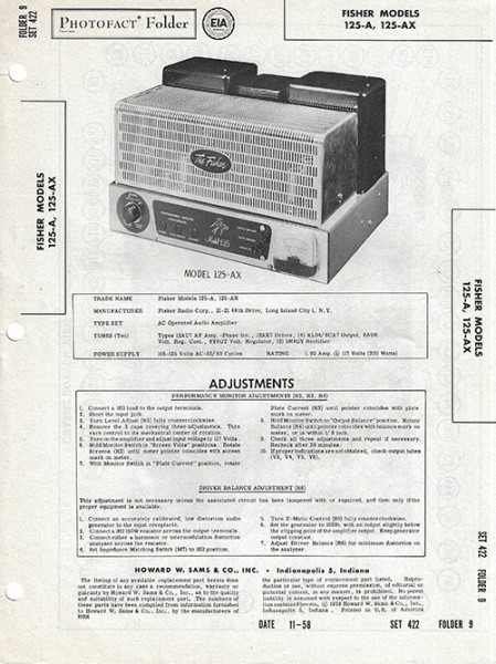 Fisher 125-A, 125-AX - Photofact - Schematic Set 422/Folder 9
