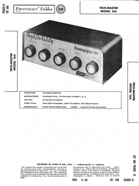 Tech-Master 16A - Photofact - Schematic Set 396/Folder 12