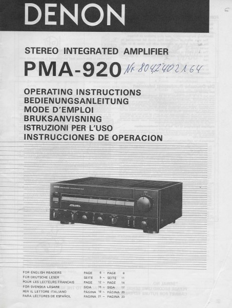 Denon PMA-920 Bedienungsanleitung