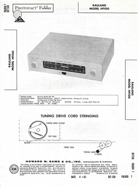 Rauland HF100 - Photofact - Schematic Set 526/Folder 7
