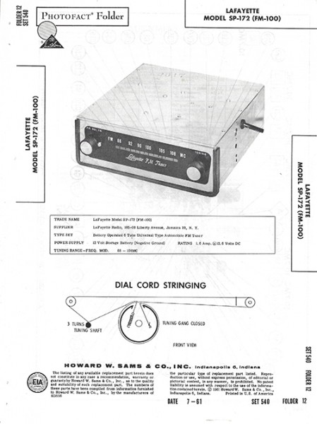Lafayette SP-172 (FM-100) - Photofact - Schematic Set 540/Folder 12