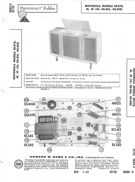 Motorola SK47B, M, W - Photofact - Schematic Set 562/Folder 14