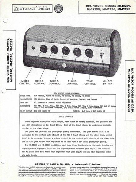 RCA Victor MI-12289, MI-12290, MI-12296, MI-12298 - Photofact - Schematic Set 80/Folder 12