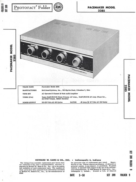 Pacemaker 2285 - Photofact - Schematic Set 399/Folder 9