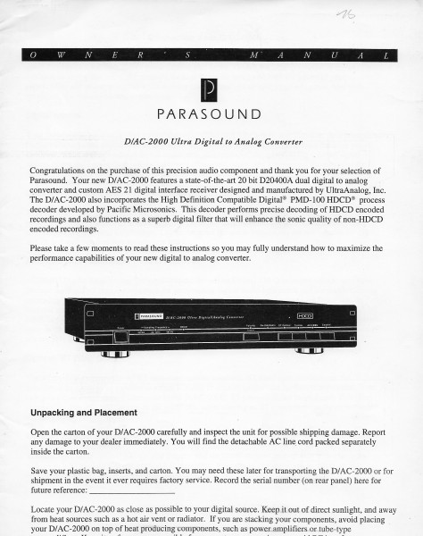 Parasound D/AC 2000 Bedienungsanleitung