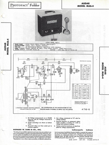Audar MAS-4 - Photofact - Schematic Set 26/Folder 4716-6