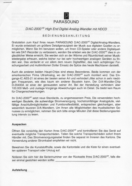 Parasound D/AC 2000HD Bedienungsanleitung