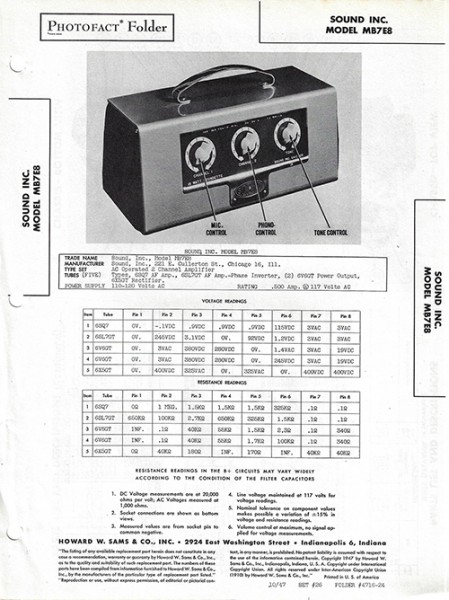 Sound Inc. MB7E8 - Photofact - Schematic Set 26/Folder 4716-24
