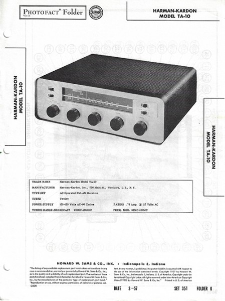 Harman-Kardon TA-10 - Photofact - Schematic Set 351/Folder 6