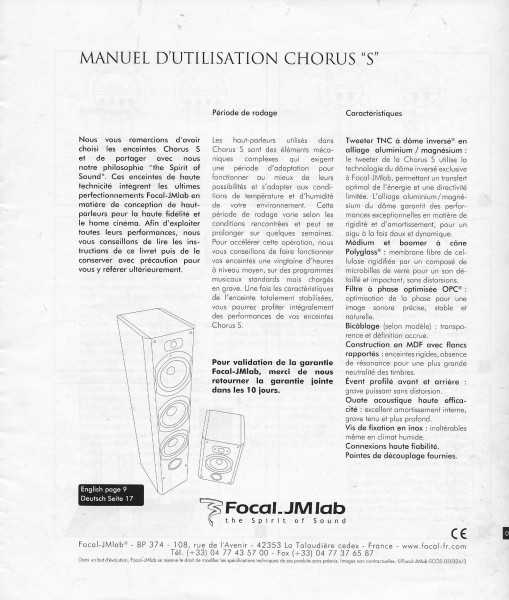 Focal Chorus "S" Bedienungsanleitung