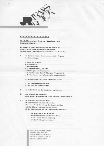 JR Transrotor Connoisseur Bedienungsanleitung