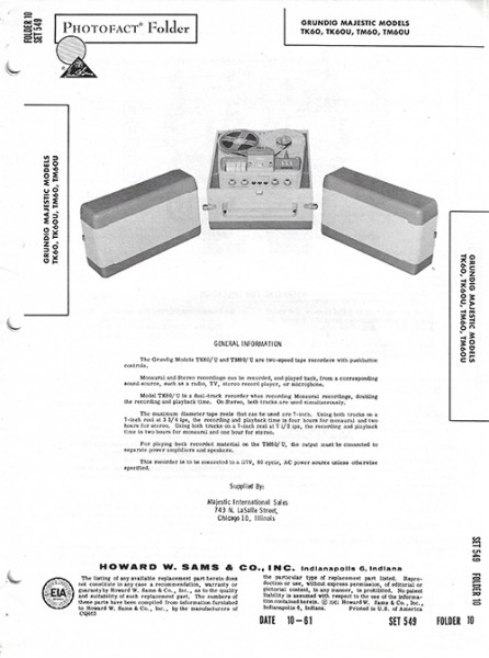 Grundig Majestic TK60, TK60U, TM60, TM60U - Photofact - Schematic Set 549/Folder 10