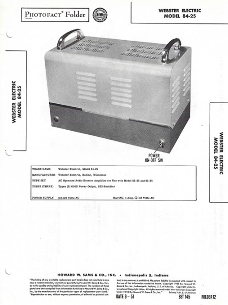Webster Electric 84-25 - Photofact - Schematic Set 145/Folder 12