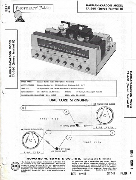 Harman-Kardon TA-260 (Stereo Festival II) - Photofact - Schematic Set 548/Folder 7