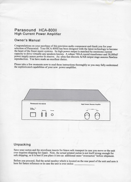 Parasound HCA-800II Bedienungsanleitung