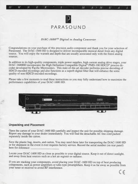 Parasound D/AC 1600HD Bedienungsanleitung