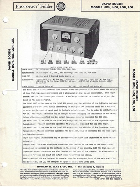 Bogen HOH, HOL, LOH, LOL - Photofact - Schematic Set 80/Folder 5