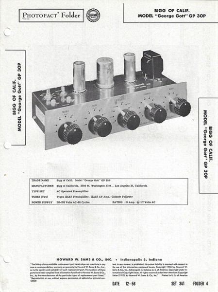 Bigg of Calif "George Gott" GP 30P - Photofact - Schematic Set 341/Folder 4