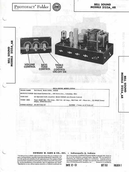 Bell Sound 2122A, AR - Photofact - Schematic Set 153/Folder 1