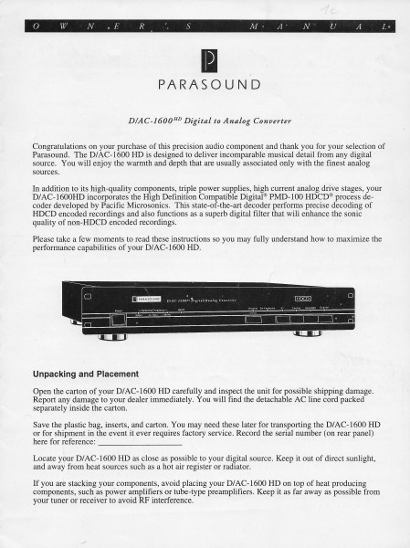 Parasound D/AC-1600HD Bedienungsanleitung