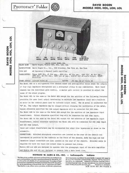 Bogen HOH, HOL, LOH, LOL - Photofact - Schematic Set 80/Folder 5