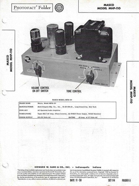 Masco MHP-110 - Photofact - Schematic Set 114/Folder 6