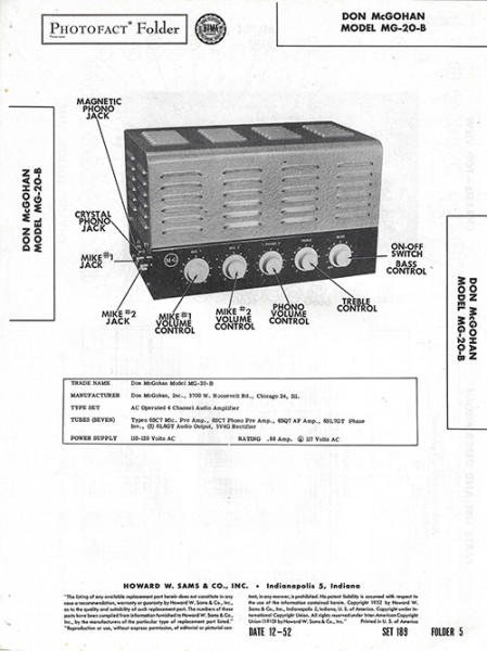 Don McGohan MG-20-B - Photofact - Schematic Set 189/Folder 5