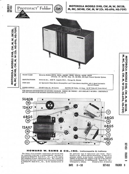 Motorola S14B, CW, M, W, SK13B, M, MC, SK14B, CW, M, W - Photofact - Schematic Set 453/Folder 9