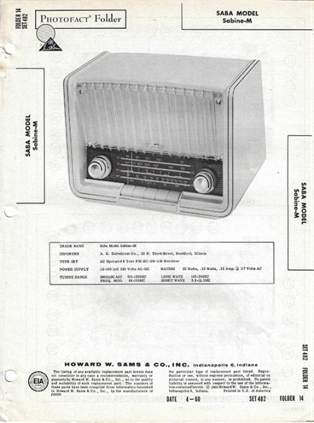 Saba Sabine-M - Photofact - Schematic Set 482/Folder 14